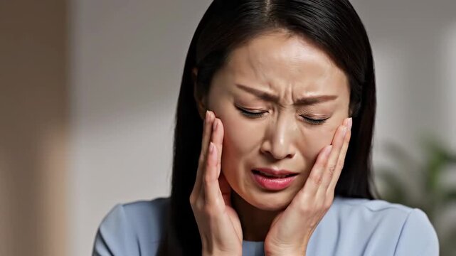 Asian Woman In Pain: Expression Of Suffering In Sequence, Emotional Distress Shown