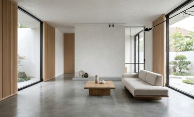 modern living room, interior japandi minimalis and elegant. AI