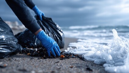 Hands in blue gloves collect debris from a foamy shoreline under a cloudy sky