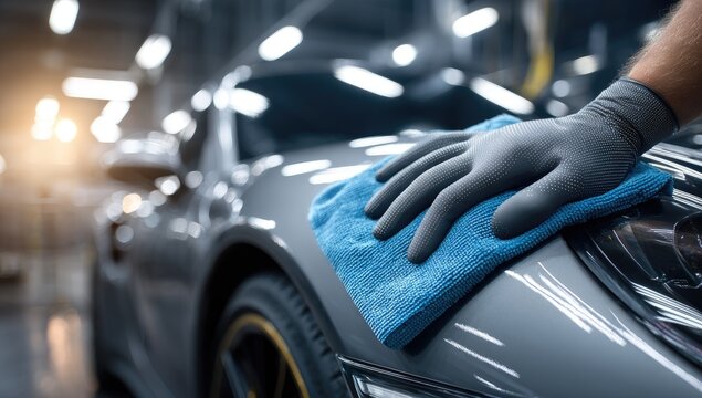 Close up of gloved hand polishing a shiny car with a blue cloth