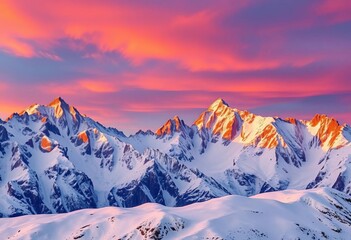Majestic mountain range at sunset, vibrant colors reflecting on snow capped peaks, clouds, range
