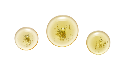 Three translucent yellow gel drops with trapped air bubbles arranged horizontally in the center of the frame plain white background and png