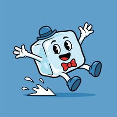 Cartoon Ice Cube Character with Bowtie and Hat.
