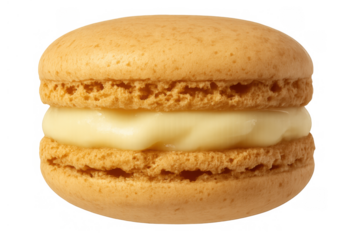 Vanilla macaron with cream filling creating a sweet french dessert, featuring delicate baked shells, transparent background