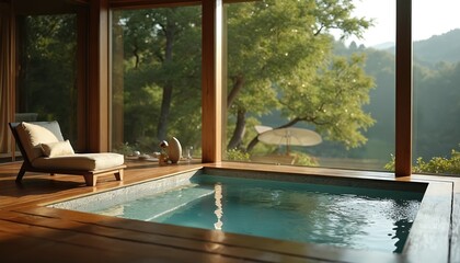 Luxury indoor onsen in modern home with wooden interior. Private pool panoramic glass windows overlooking green nature garden. Tranquil spa space for wellness relaxation retreat. Cozy spot for