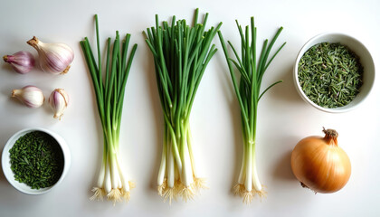 Fresh garlic bulbs, green onions, and a yellow onion are arranged on a white surface. A bowl of dried herbs and a bowl of chopped herbs are also visible.