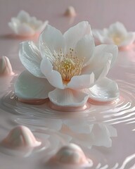 A delicate white lotus flower blooms gracefully in serene waters, surrounded by soft pastel hues, evoking a sense of tranquility and natural beauty.