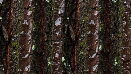 Obraz premium Close-up of tree trunks with textured bark and green foliage.