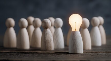 Wooden figures with one illuminated, symbolizing a bright idea among a group