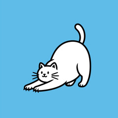 Cartoon white cat stretching on blue background.