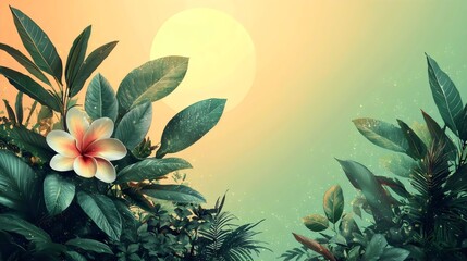 A vibrant tropical scene featuring lush green leaves and a delicate plumeria flower, illuminated by the warm glow of the setting sun, creating a serene and tranquil atmosphere.