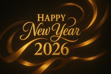 Merry Christmas and happy new year 2026 Elegant greeting card design featuring Happy New Year 2026 with golden ribbons and sparkles