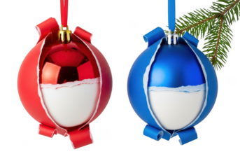 Two decorative christmas ornaments, one red and one blue, featuring a split design with white snow effect, isolated on transparent background
