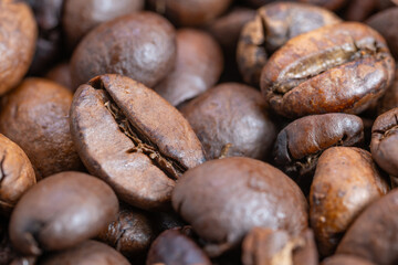 Magnified view highlighting cracks and oil patches on coffee beans, Highresolution inspection revealing surface flaws like cracks and oil deposits on coffee granules