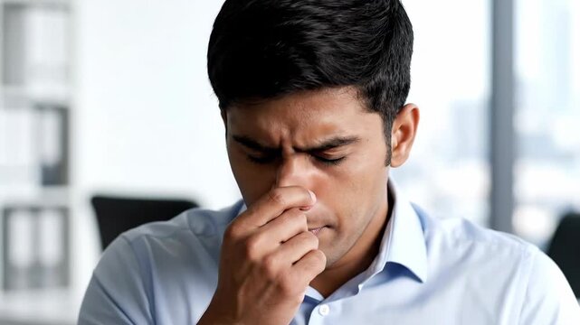 Business Professional Reacts to Unpleasant Odor in Workplace Environment