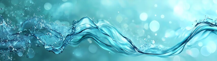 A mesmerizing wave of clear blue water gracefully flows across a soft, blurred turquoise background, creating a serene and calming atmosphere with vibrant bubbles reflecting light.