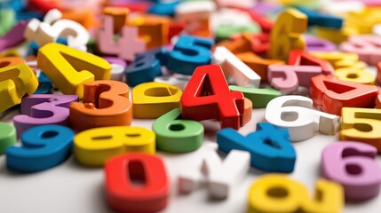 Numerous colorful three dimensional numerals are scattered across a bright surface in a close up composition