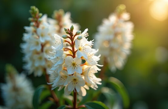 Close-up view of white abelia grandiflora flowers in summer bloom. Delicate tubular blossoms adorn branch with glossy green leaves. Scene displays natural beauty, vibrant floral colors within garden