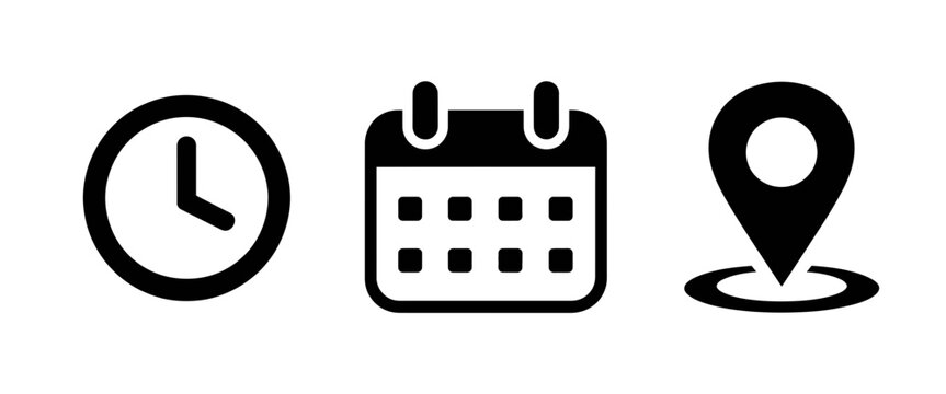 Fototapeta Minimalist black icons representing time, date and location