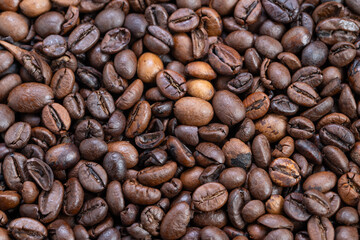 Coffee beans contrast, Lighting highlights roast differences, Showcasing varied coffee bean roasting depths, Depiction of beans displaying light and dark roast variations