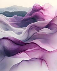An abstract representation of flowing waves in shades of purple and white, creating a tranquil and dreamy atmosphere, evoking feelings of calm and serenity.