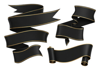 Set of four elegant black satin ribbons with gold trim isolated on transparent background for award or announcement design element