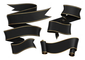 Set of four elegant black satin ribbons with gold trim isolated on transparent background for award or announcement design element