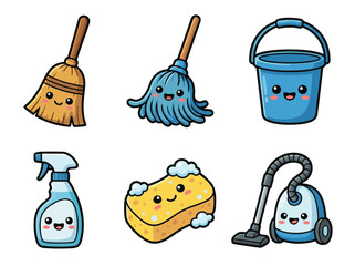 Cute Cleaning Tools Cartoon Illustration Set.
