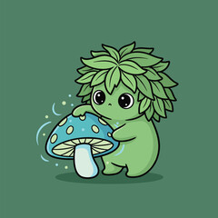Cute forest spirit hugging a mushroom.