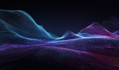 Abstract digital landscape with flowing, glowing waves and small lights
