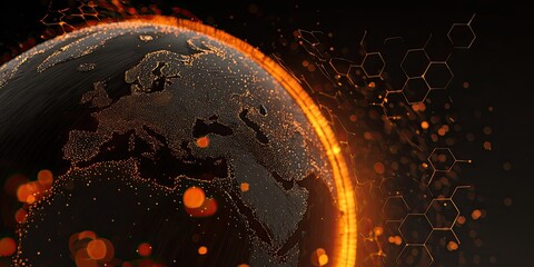 Digital planet Earth, glowing with orange energy and hexagonal network