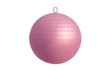 Pink disco ball rendering showing a shiny surface with tiled geometric facets and a golden hook, ideal for parties and events