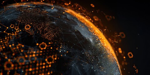 Glowing digital network overlays a dark, abstract planetary sphere