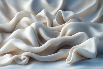A flowing arrangement of soft, draped fabric creates a serene and elegant texture, showcasing graceful curves and gentle shadows in a light, neutral palette.