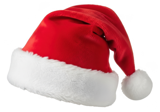 Classic red and white plush santa claus hat with white fur trim and pom pom isolated on transparent background - Powered by Adobe