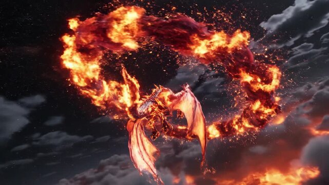 Dramatic low-angle digital artwork features a fiery dragon soaring powerfully through the stormy, clouded sky, framed by a swirling vortex of flames in warm, intense orange and red tones,