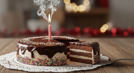 Chocolate layer cake with one extinguished candle and a removed slice sits on a wooden surface