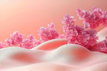 A mesmerizing arrangement of pink flowers gracefully cascading over soft, undulating waves of pastel hues, creating a serene and dreamy atmosphere.