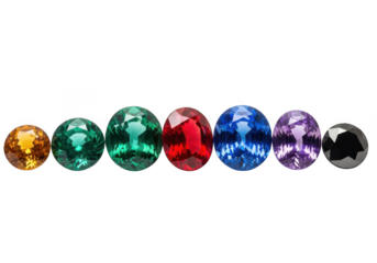 Seven colorful oval cut gemstone collection arranged in a row, isolated on transparent background