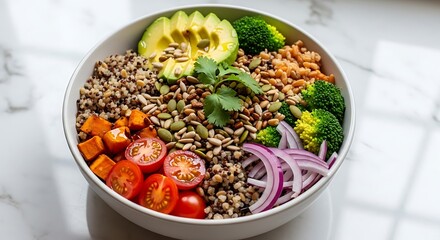 Healthy grain bowl packed with fresh vegetables and avocado