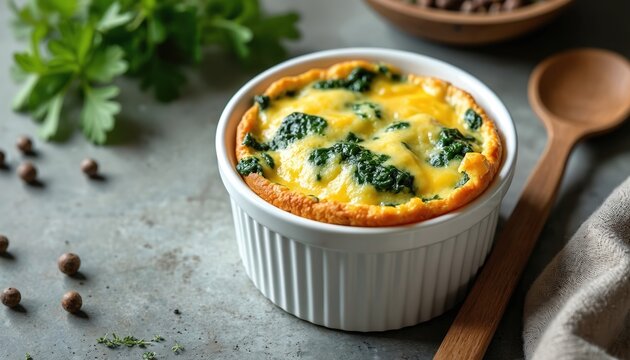 Delicious spinach, cheese souffle baked golden in white ramekin. Healthy breakfast food ready to serve on rustic kitchen table. Natural light highlights green leaves, golden crust. Simple, wholesome