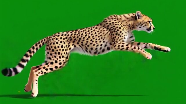 A cheetah running in front of a green screen with its legs off the ground in a leaping motion cheetah green screen video