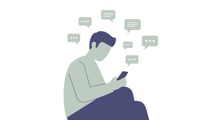 Connected world illustration shows man texting on mobile device with vibrant chat bubbles around him, perfect for tech savvy marketing campaigns
