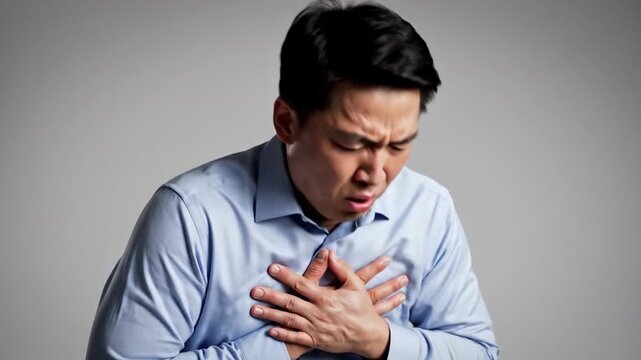 A Sequence Showing an Asian Man Experiencing Discomfort, Coughing, And Chest Pain