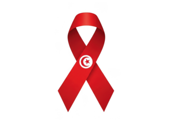 Red awareness ribbon featuring the tunisian flag emblem, isolated on transparent background, symbolizing support and solidarity for aids or other health causes in tunisia