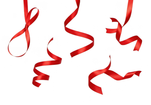 Collection of five curling red satin ribbons hanging down against a pure transparent background, perfect for celebration or gift decoration