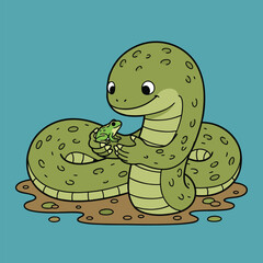 Friendly snake holding a small green frog.