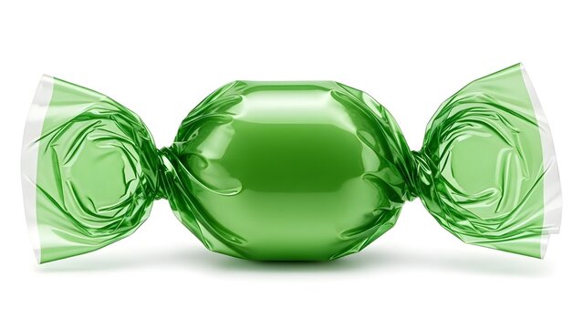 A single green wrapped candy with twisted ends isolated on a plain white background surface view