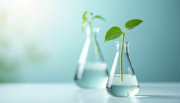 Green plant sprout grows in laboratory flask with water. Science research experiments for eco friendly drug development. Focus on nature and science merge. Copy space.