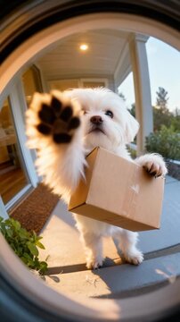 Un adorable Malt&eacute;s entrega un paquete en la puerta.